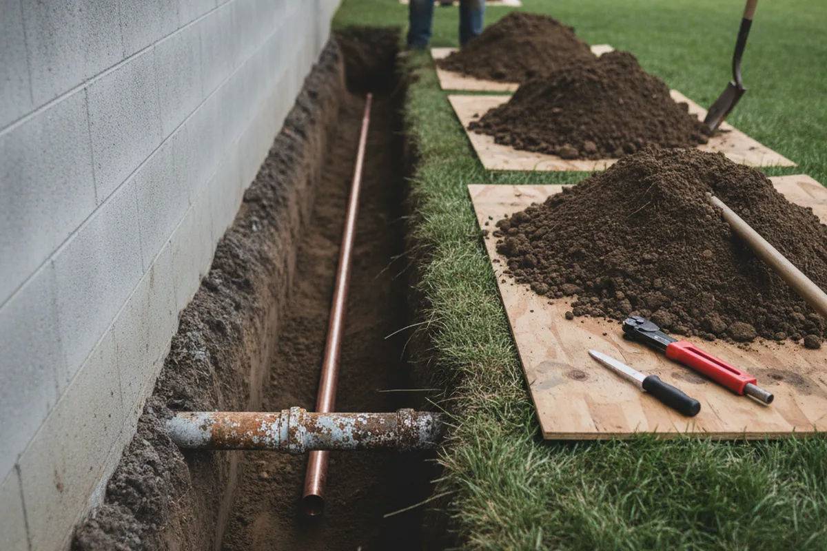 Excavated water line trench during Water Softener Installation in Freeport